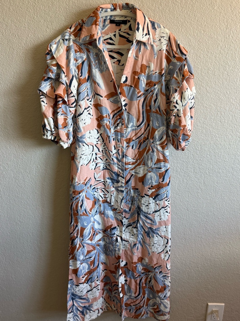 PADOVA 100% Linen Peach Floral Midi Dress Puff Sleeve Coastal Summer Size 8